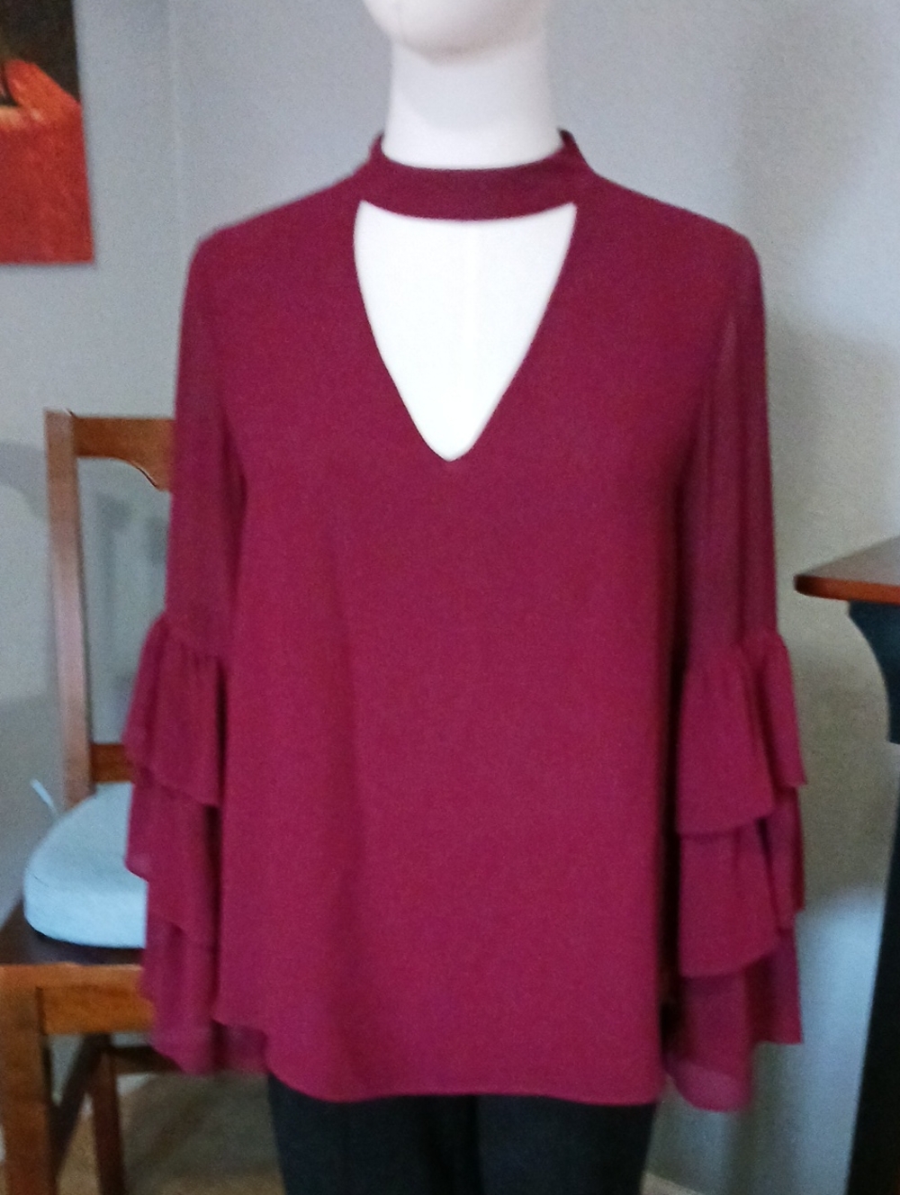 Women's Burgundy Choker V-Neck Ruffle Sleeve Top